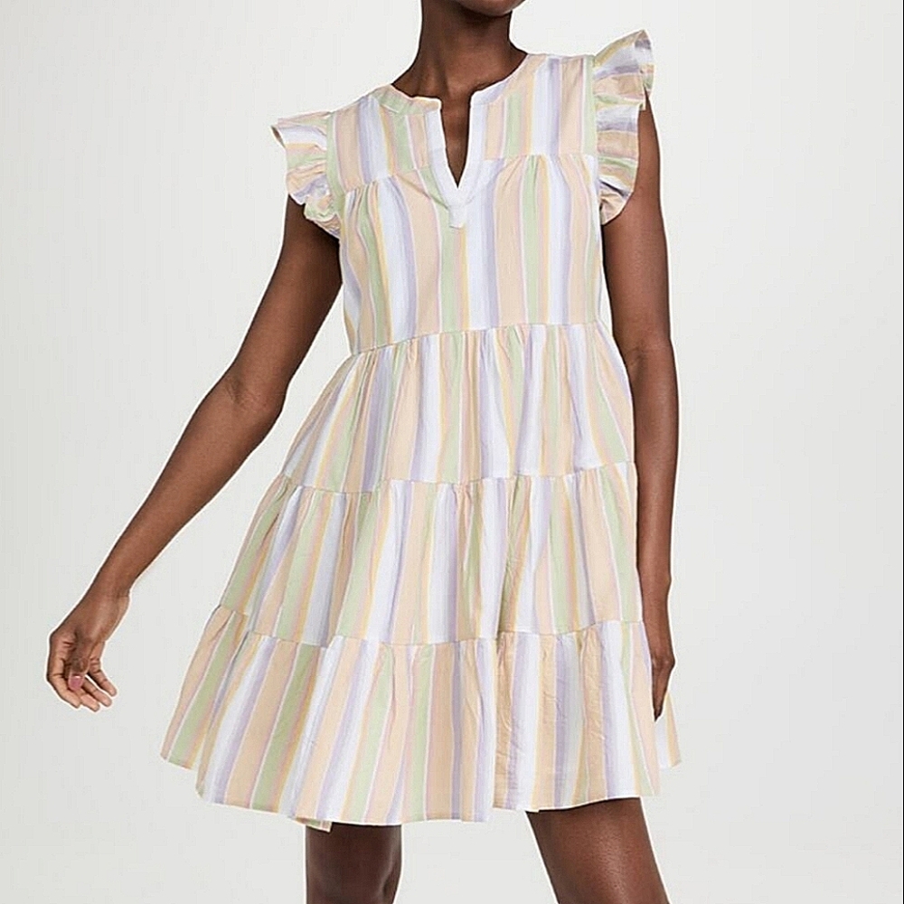 Tiered Flutter-Sleeve Striped Sundress in Pastel